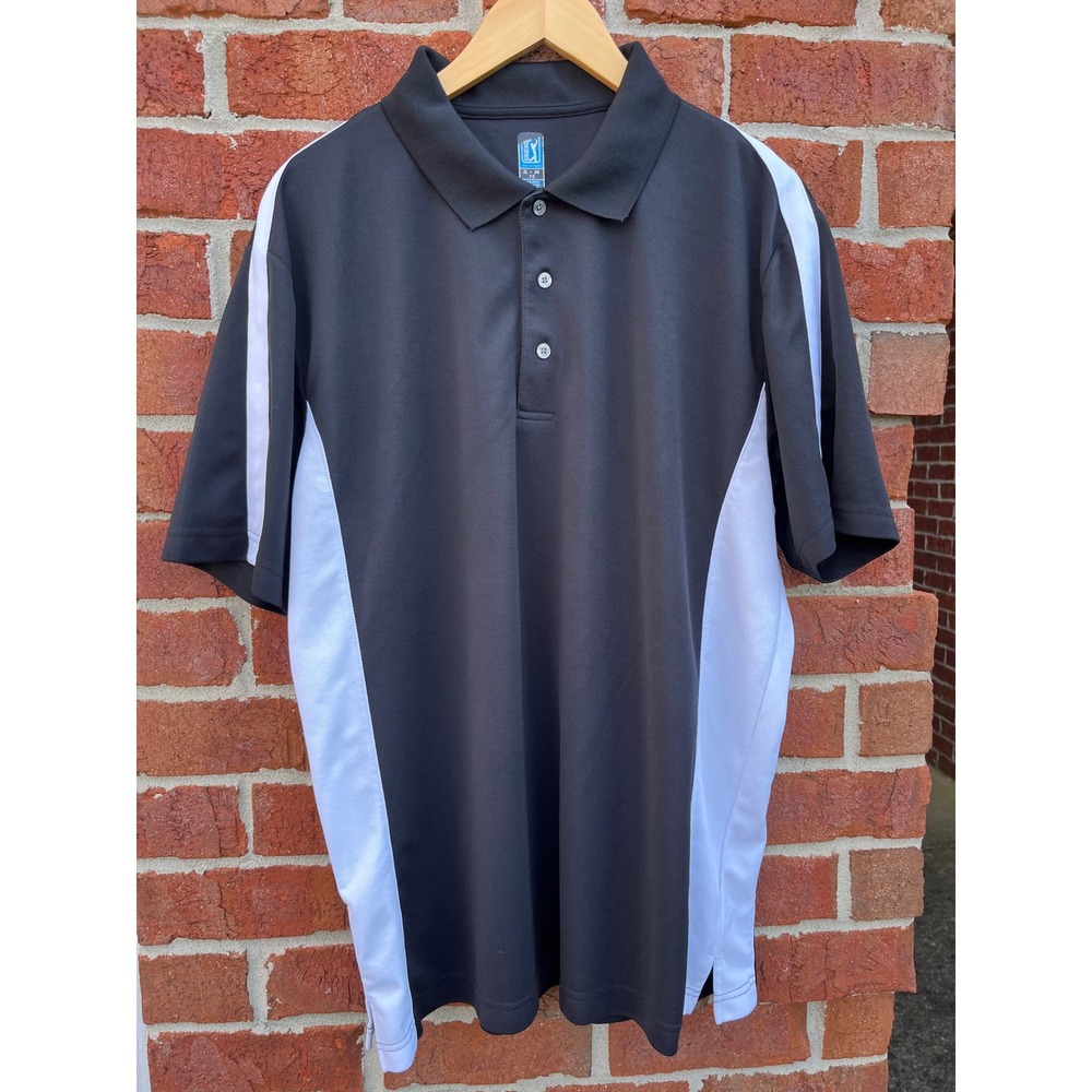 PGA Tour Mens Golf Polo Shirt XL Black White Colorblock Short Sleeve Polyester